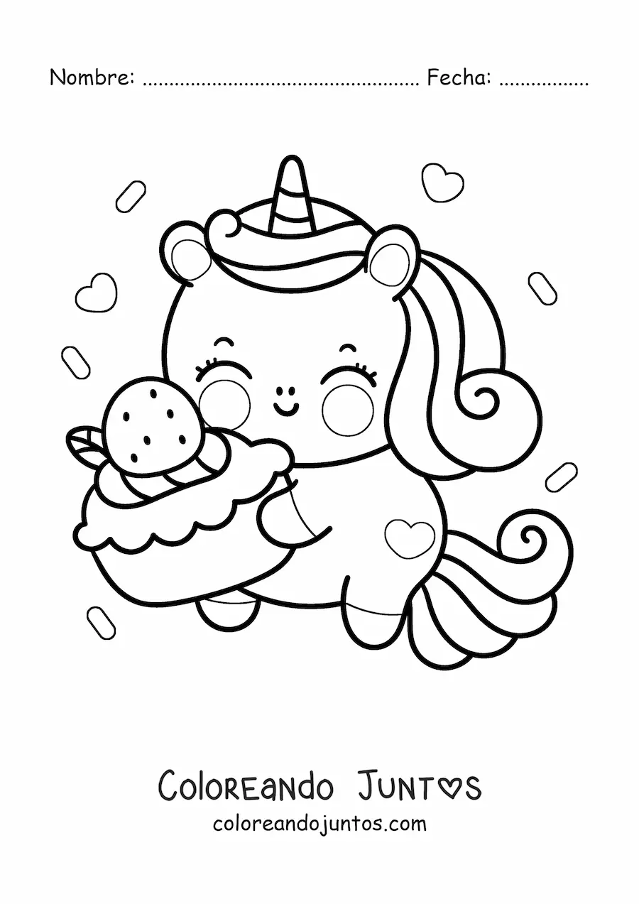 Imagen para colorear de unicornio kawaii con un trozo de pastel de cumpleaños