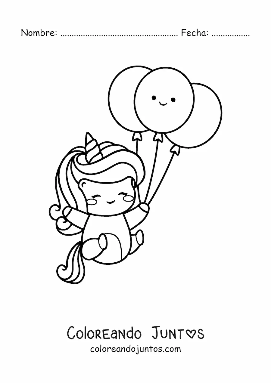 Imagen para colorear de unicornio kawaii con globos de cumpleaños