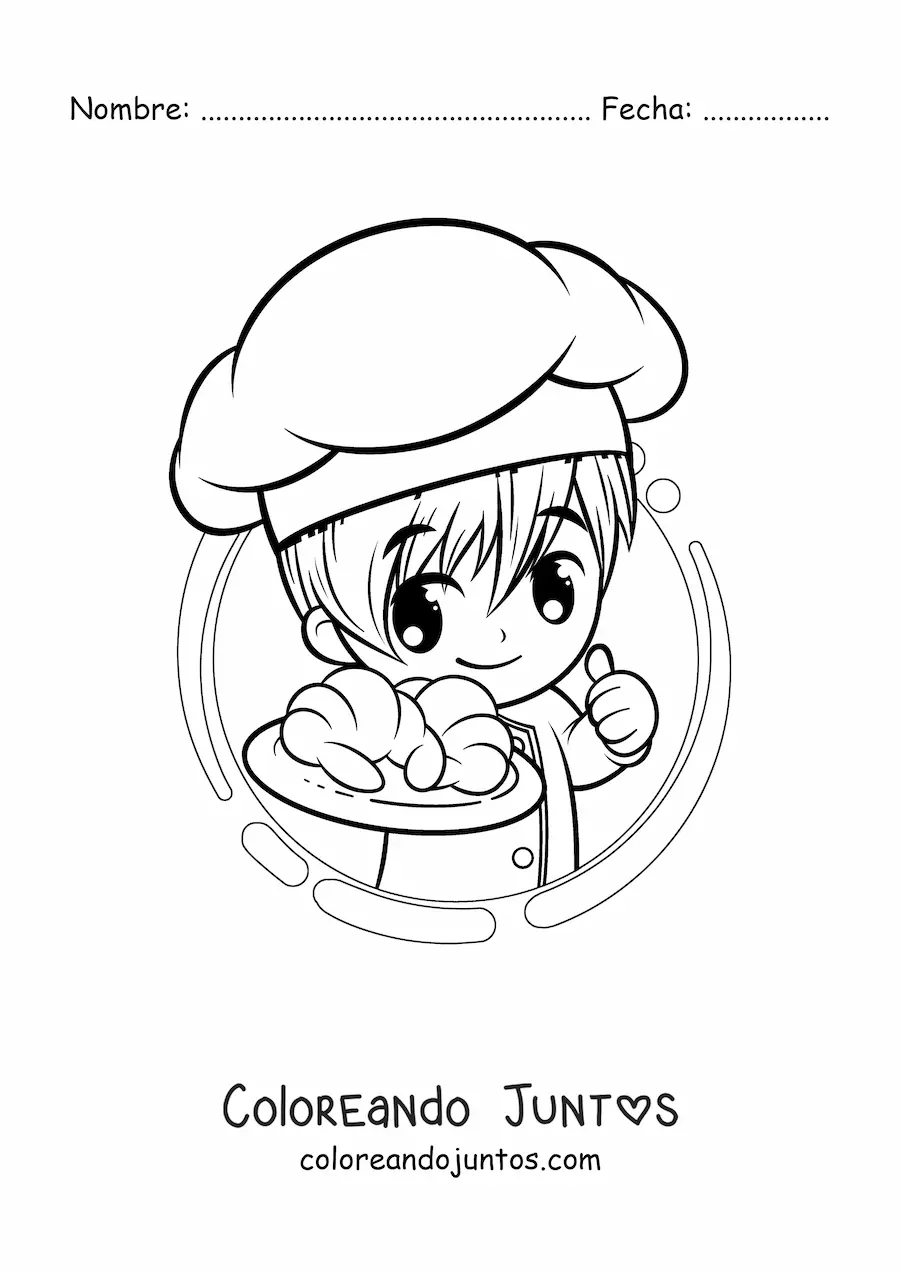 Imagen para colorear de chico panadero kawaii con un croissant