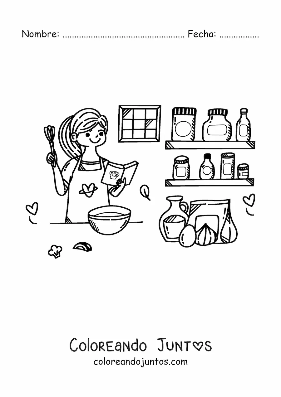 Imagen para colorear de chica cocinando una sopa en la cocina con libro de recetas