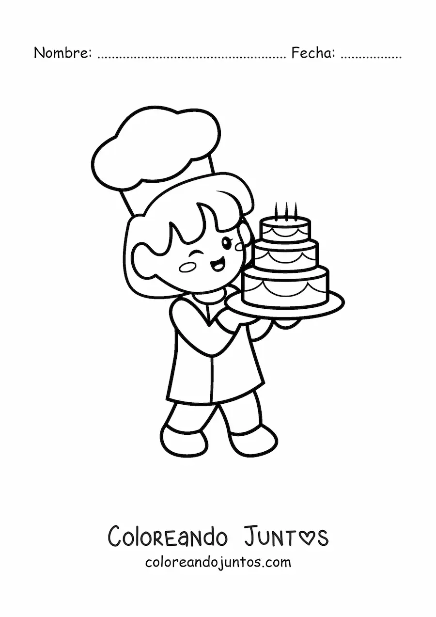 Imagen para colorear de chef pastelera kawaii llevando un pastel