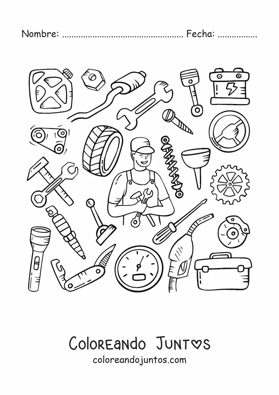 Imagen para colorear de hombre con profesión de mecánico y sus herramientas