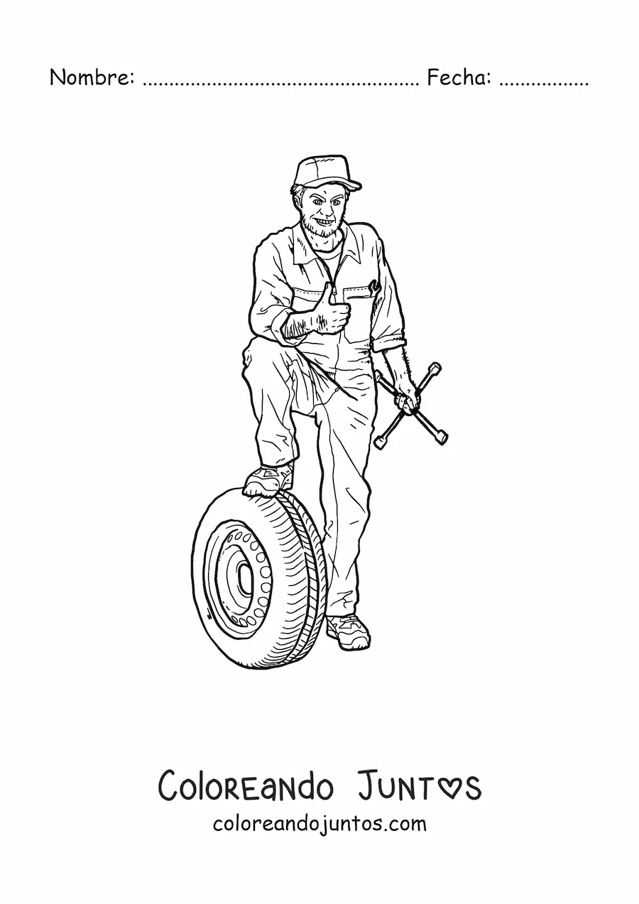 Imagen para colorear de mecánico automotriz realista con una rueda