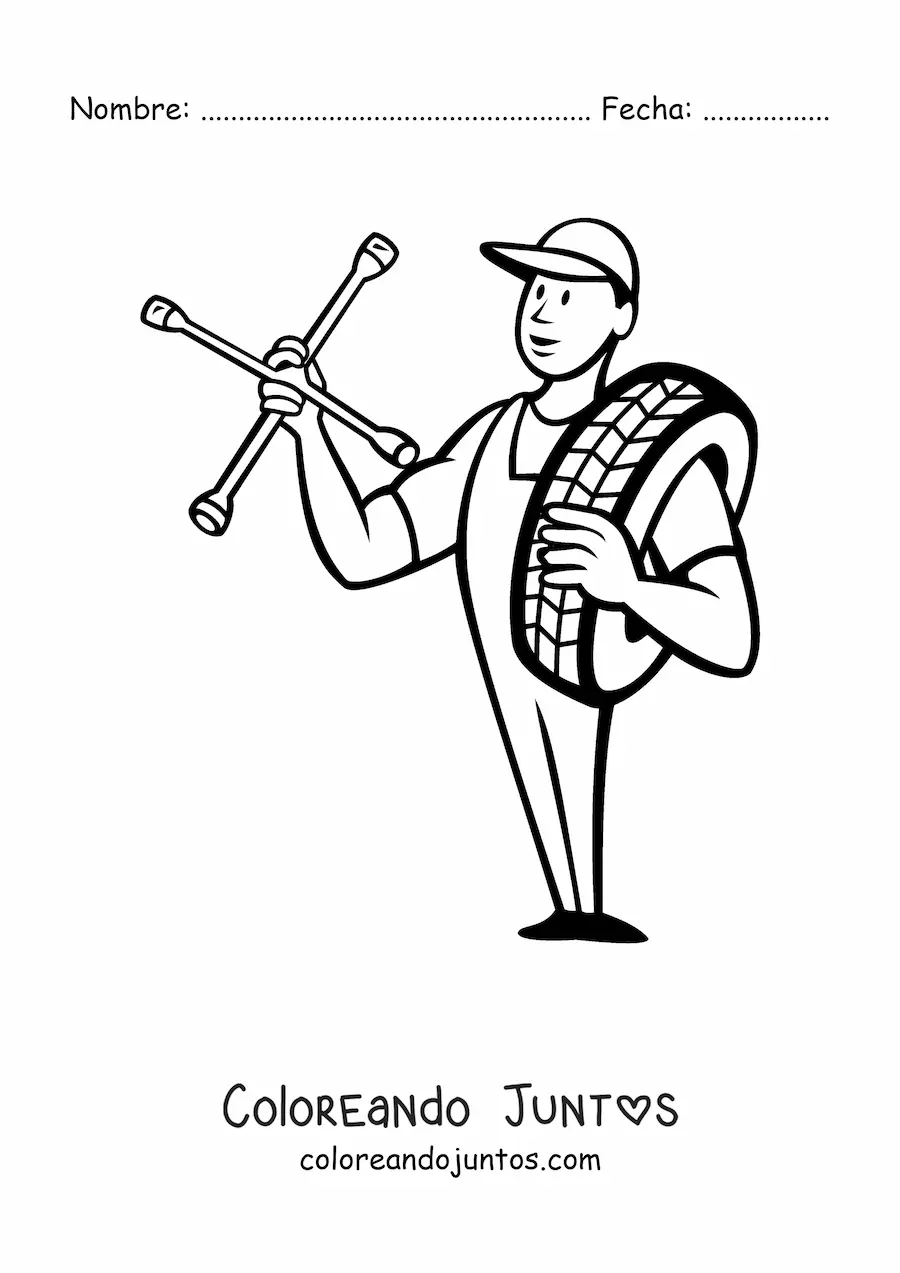 Imagen para colorear de mecánico automotriz animado con una rueda
