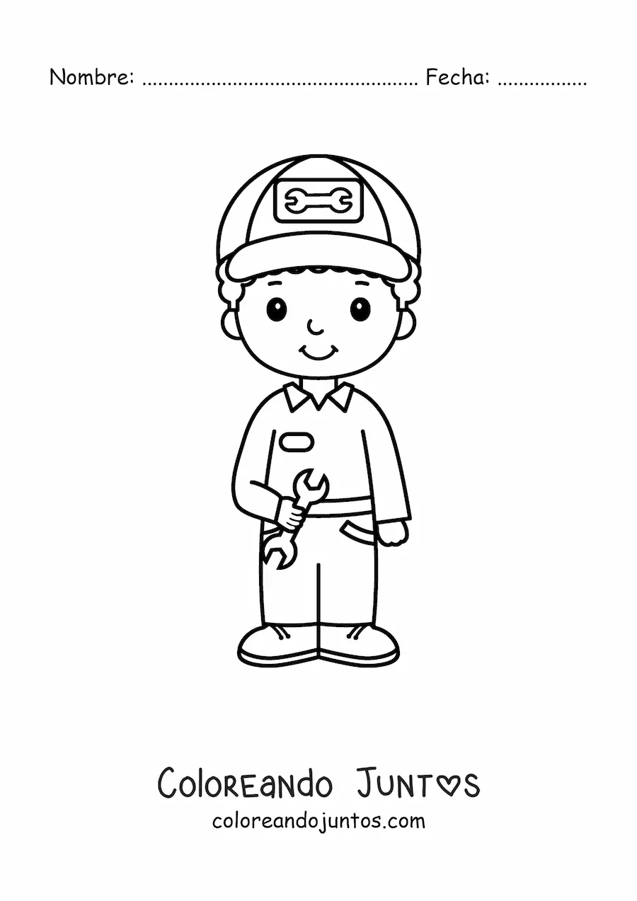 Imagen para colorear de chico con oficio de mecánico automotriz kawaii