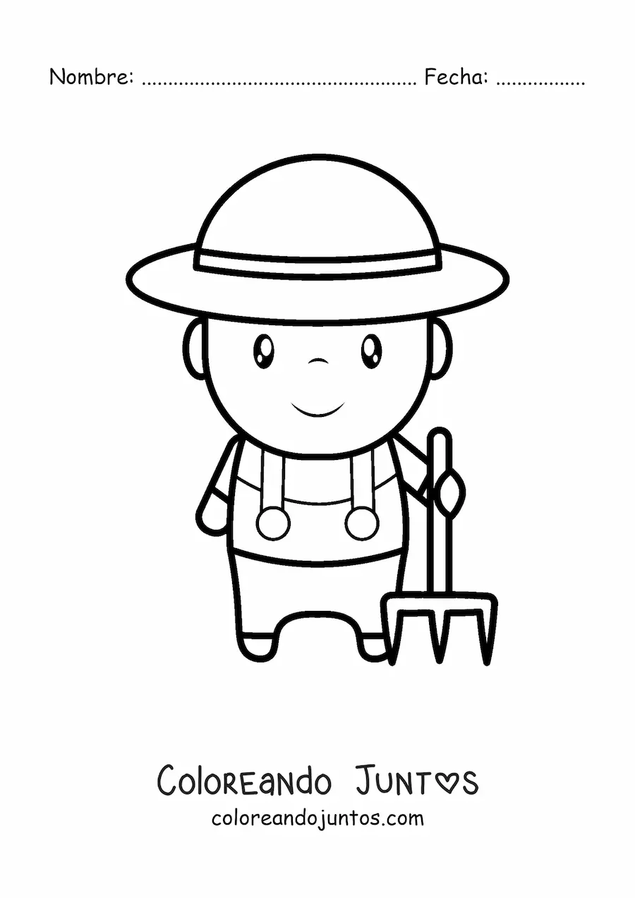 Imagen para colorear de agricultor kawaii con una horquilla
