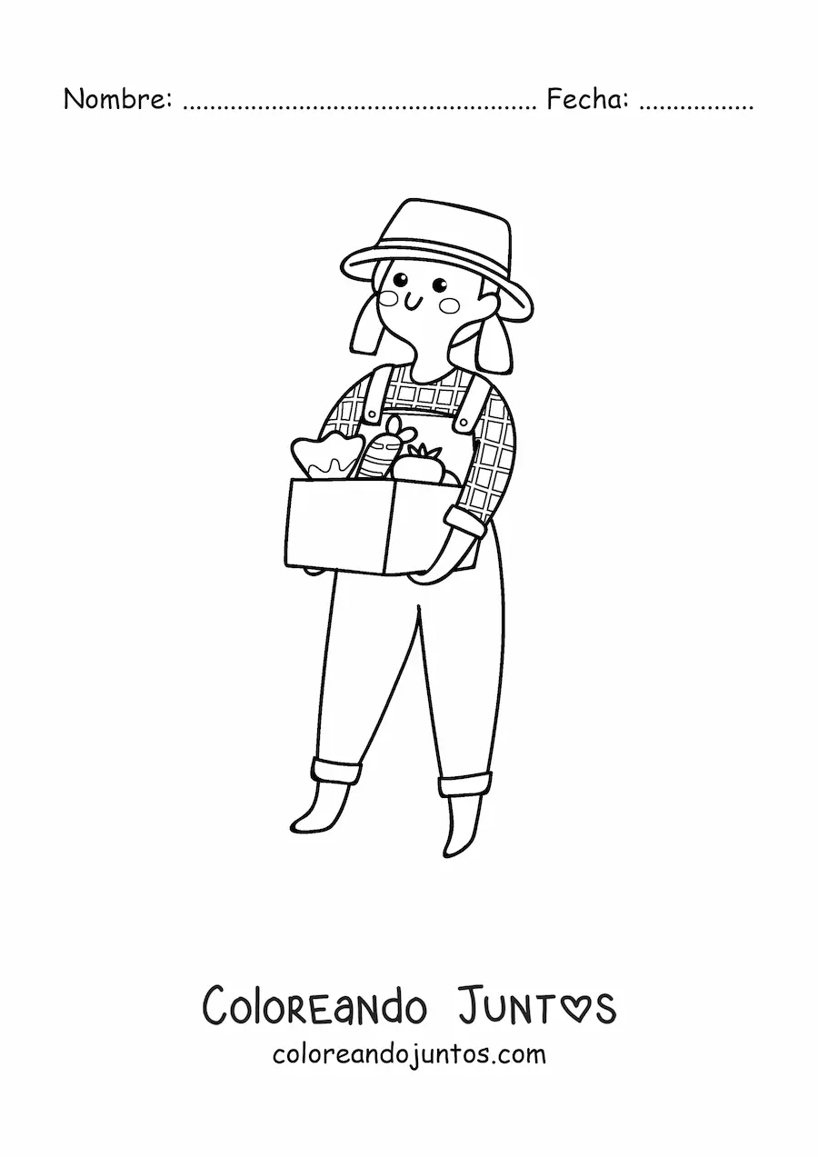 Imagen para colorear de agricultora kawaii con frutos cosechados