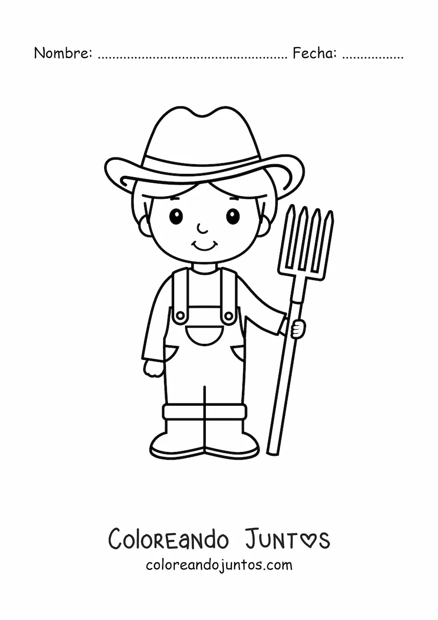 Imagen para colorear de niño agricultor kawaii animado con una horquilla
