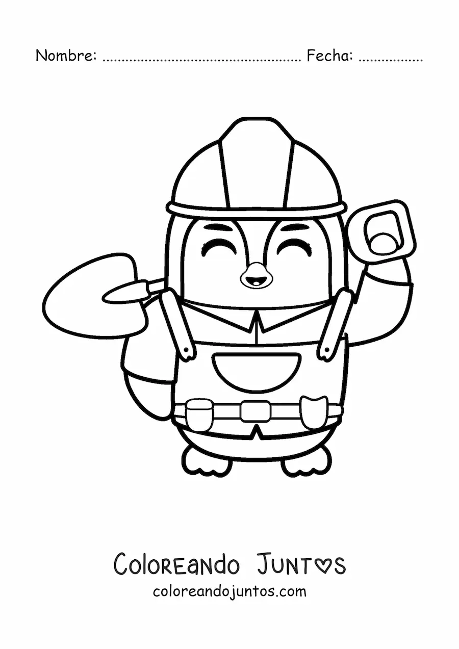 Imagen para colorear de pingüino albañil animado kawaii con una pala