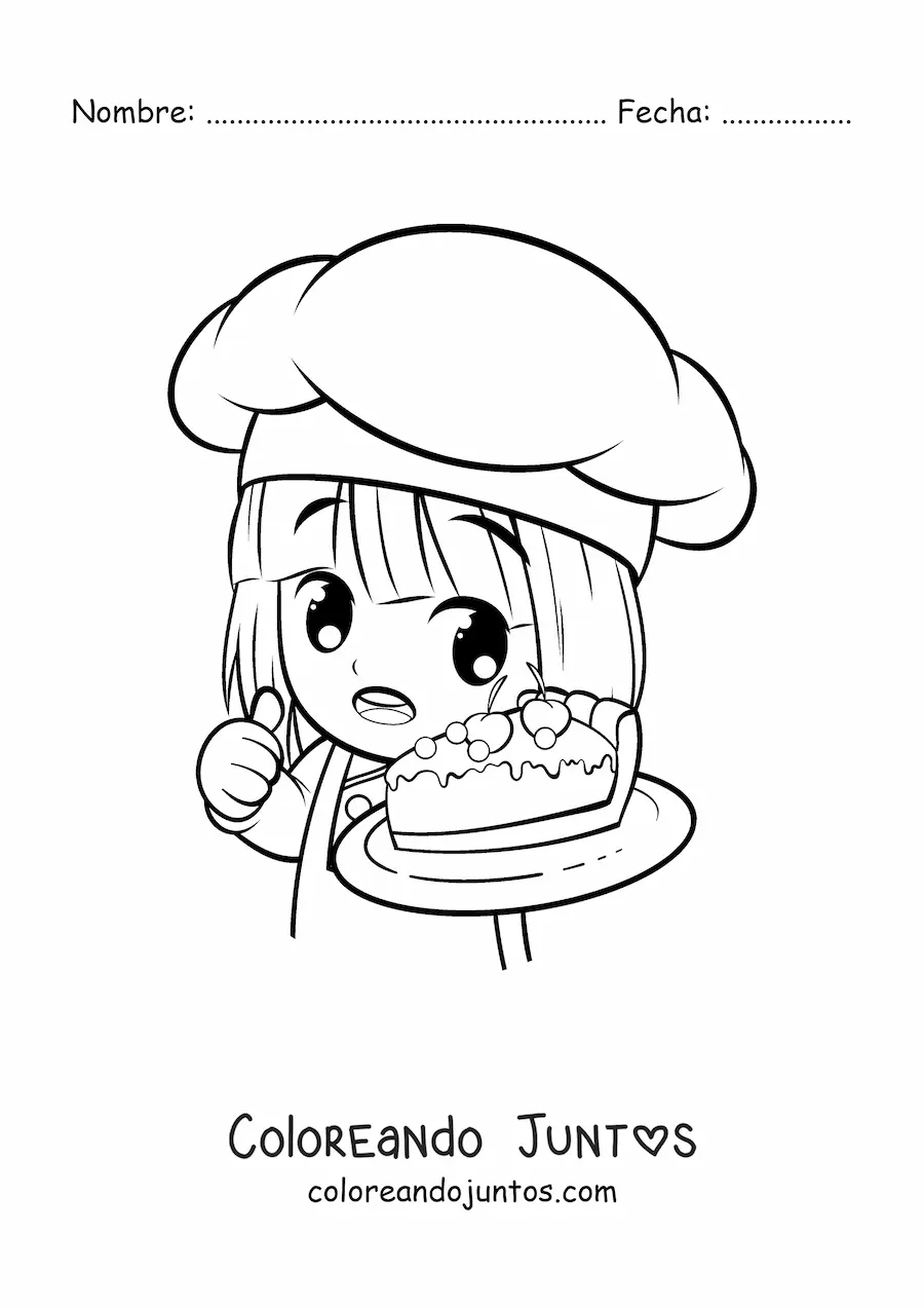 Imagen para colorear de chef pastelera kawaii animada con un trozo de pastel