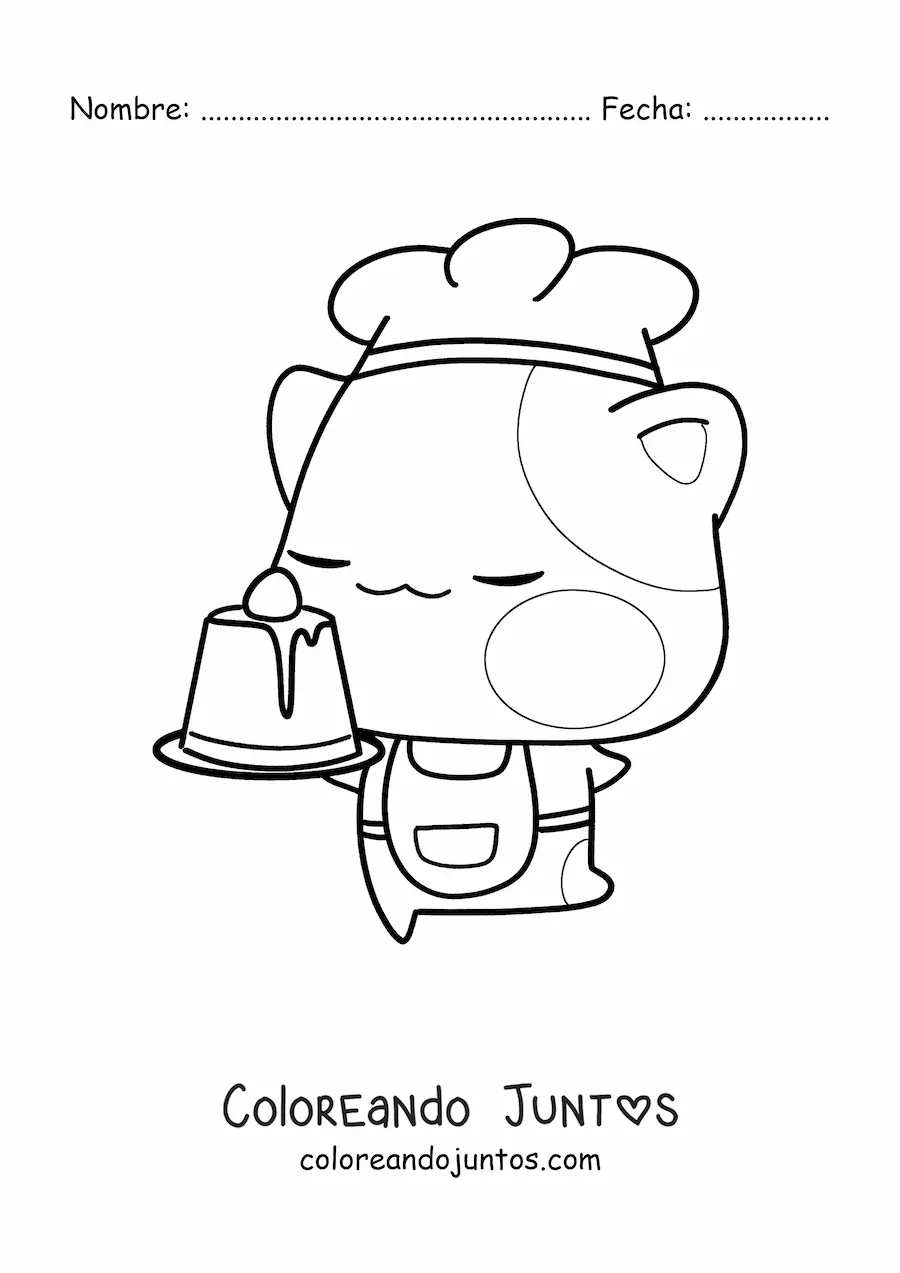 Imagen para colorear de gatito repostero animado kawaii con un postre