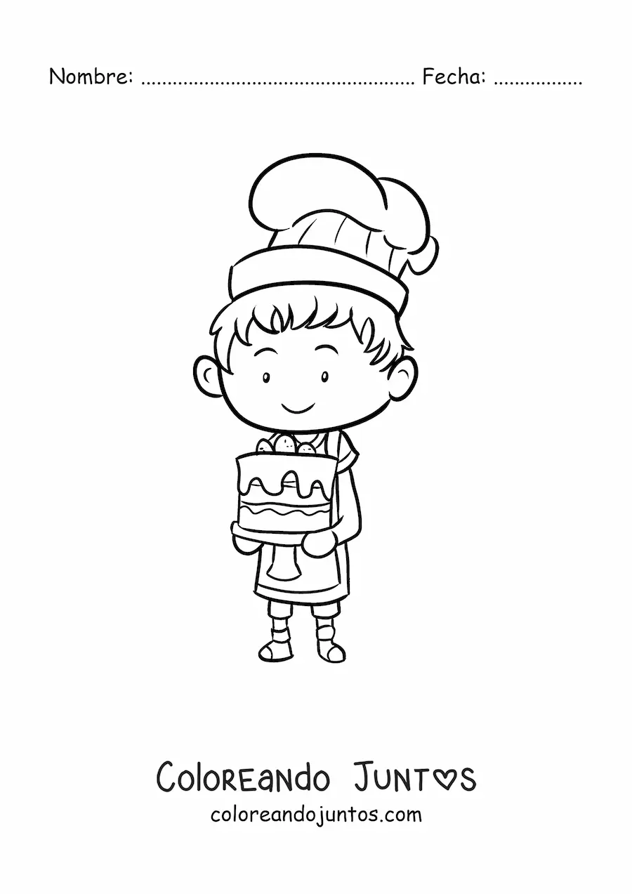 Imagen para colorear de niño pastelero kawaii animado con un pastel