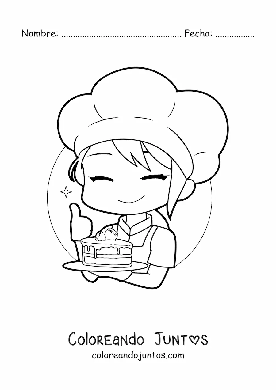 Imagen para colorear de chica pastelera kawaii con un trozo de pastel
