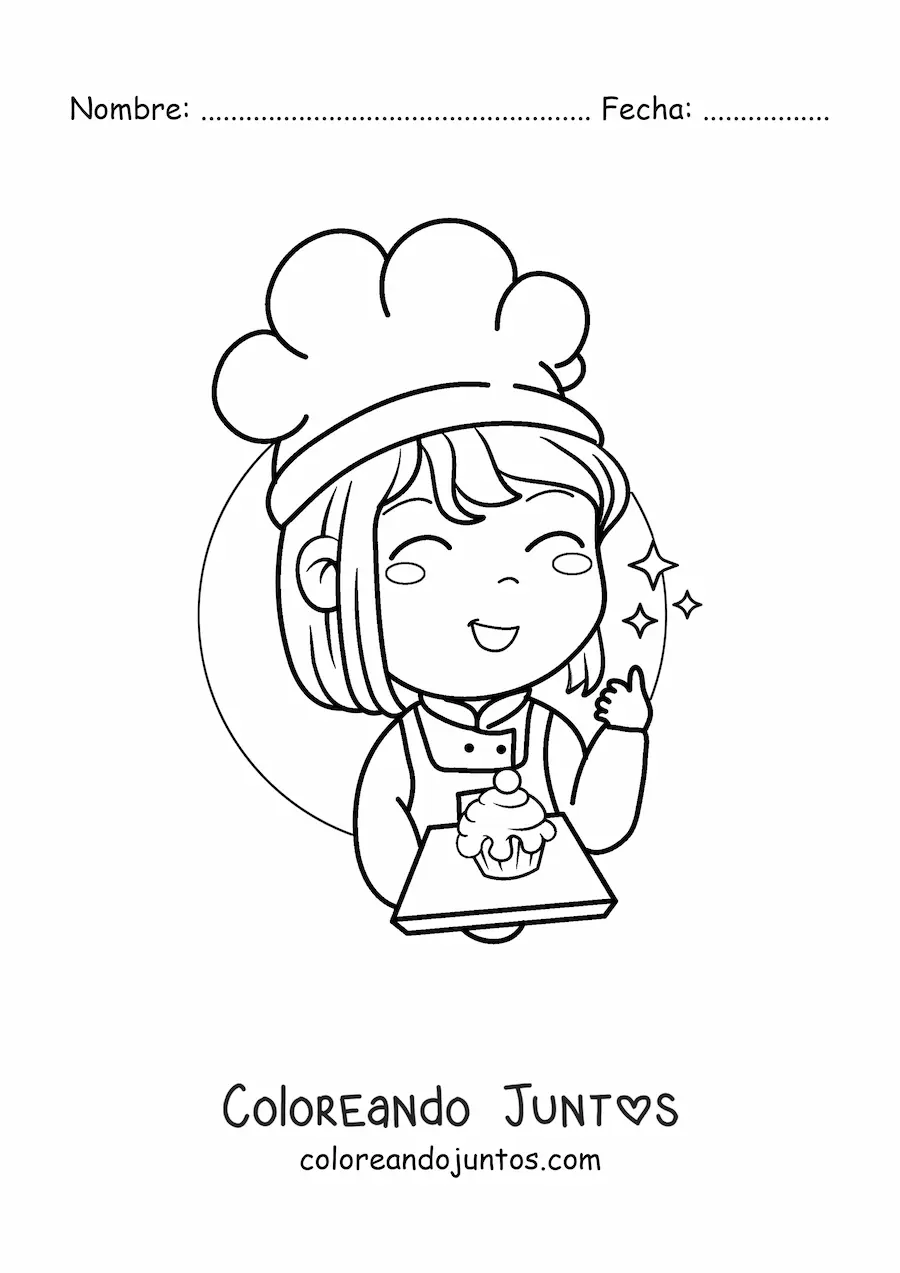 Imagen para colorear de chica pastelera kawaii con un cupcake