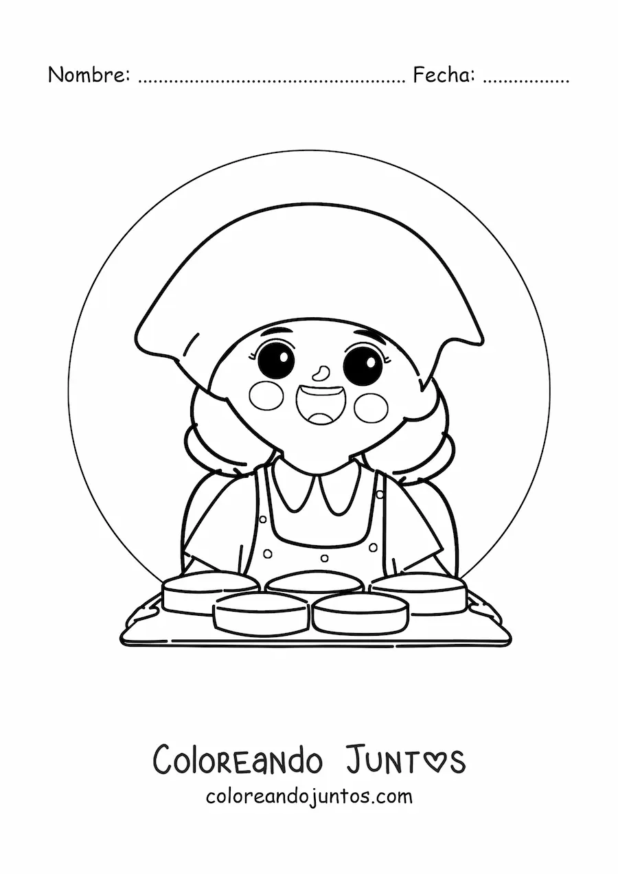 Imagen para colorear de chica con oficio de repostera con una bandeja de pasteles