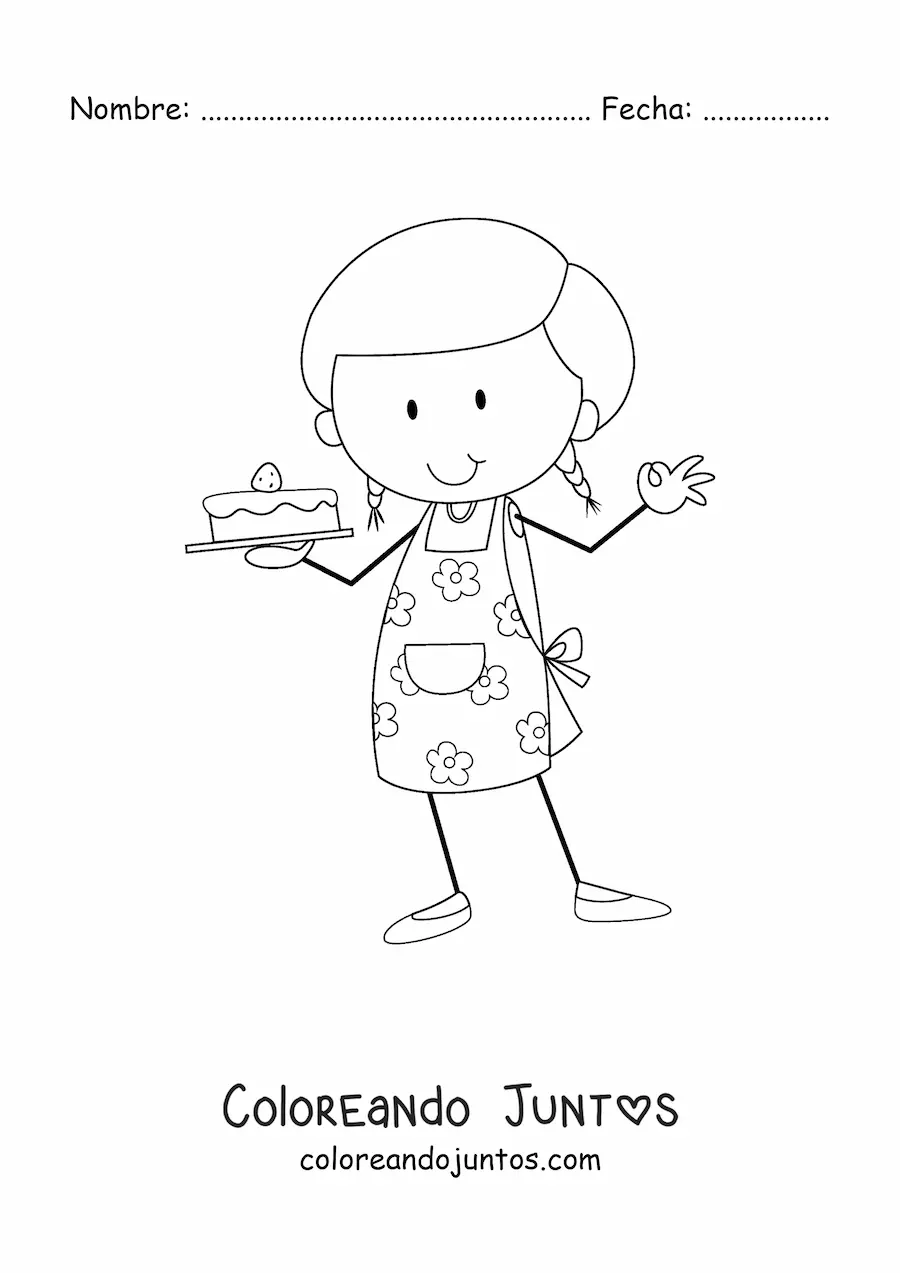 Imagen para colorear de niña con oficio de pastelera con un pastel
