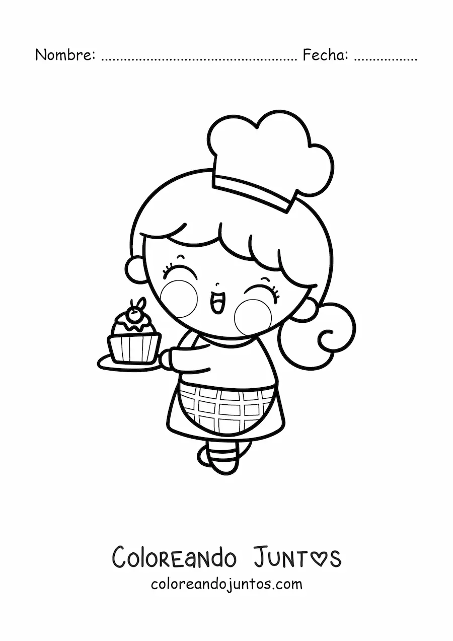 Imagen para colorear de niña pastelera kawaii con un cupcake