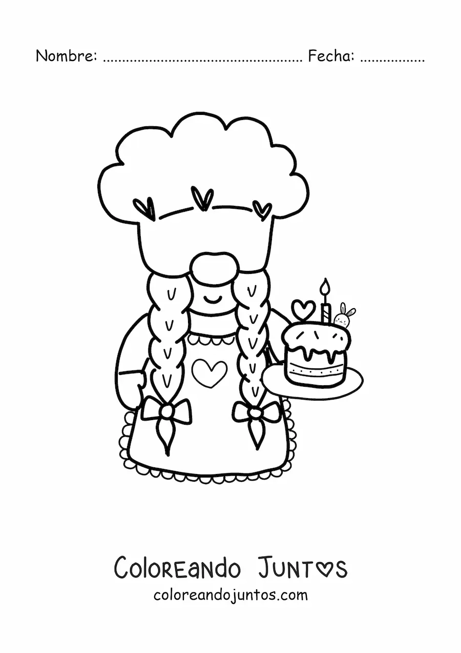 Imagen para colorear de gnomo pastelero kawaii con un pastel de cumpleanos