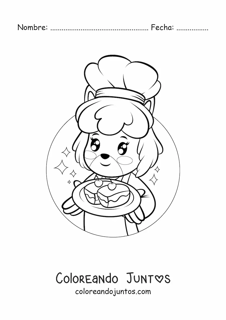 Imagen para colorear de perro pastelero animado kawaii con un dulce