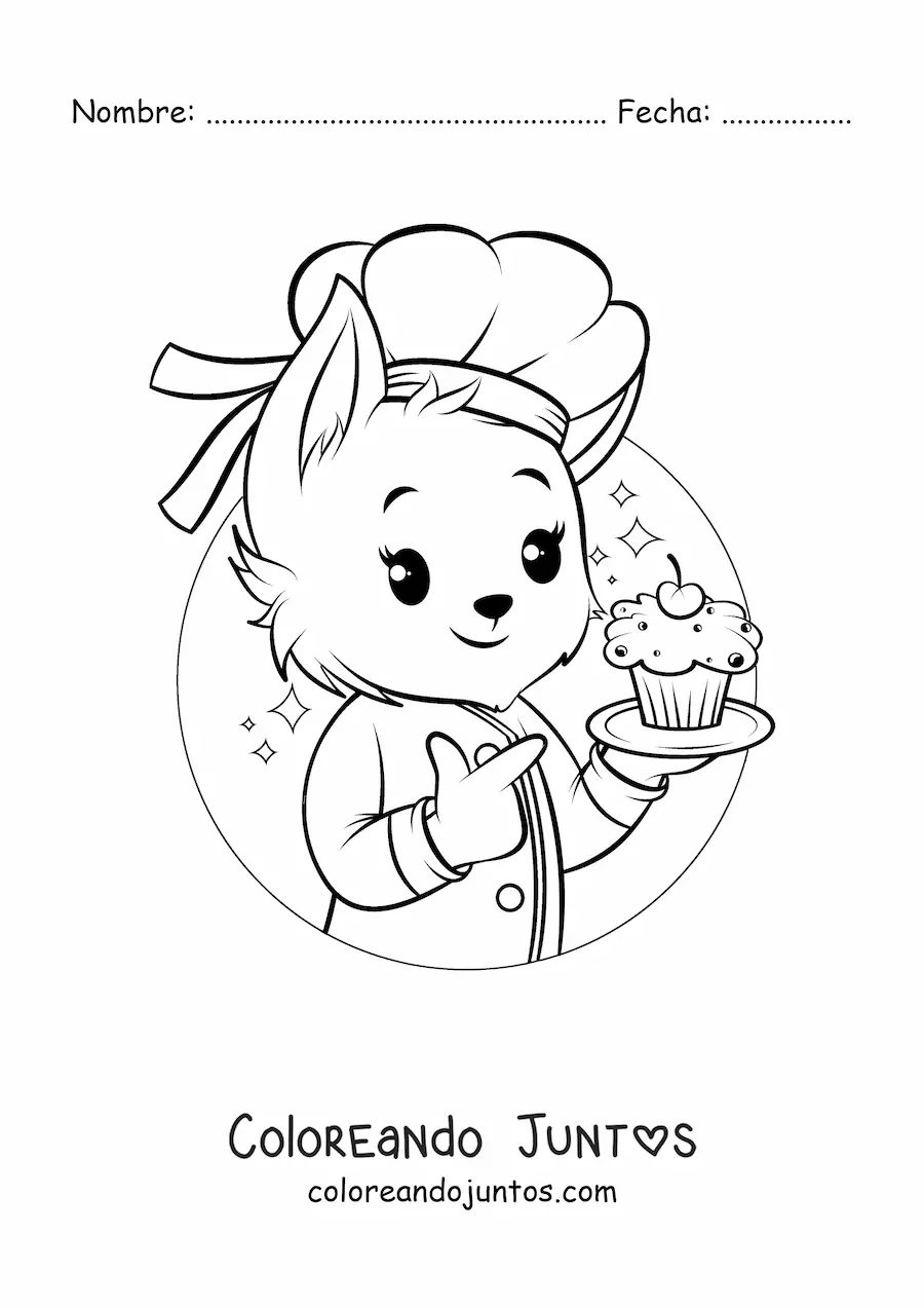 Imagen para colorear de perro pastelero animado kawaii con un cupcake