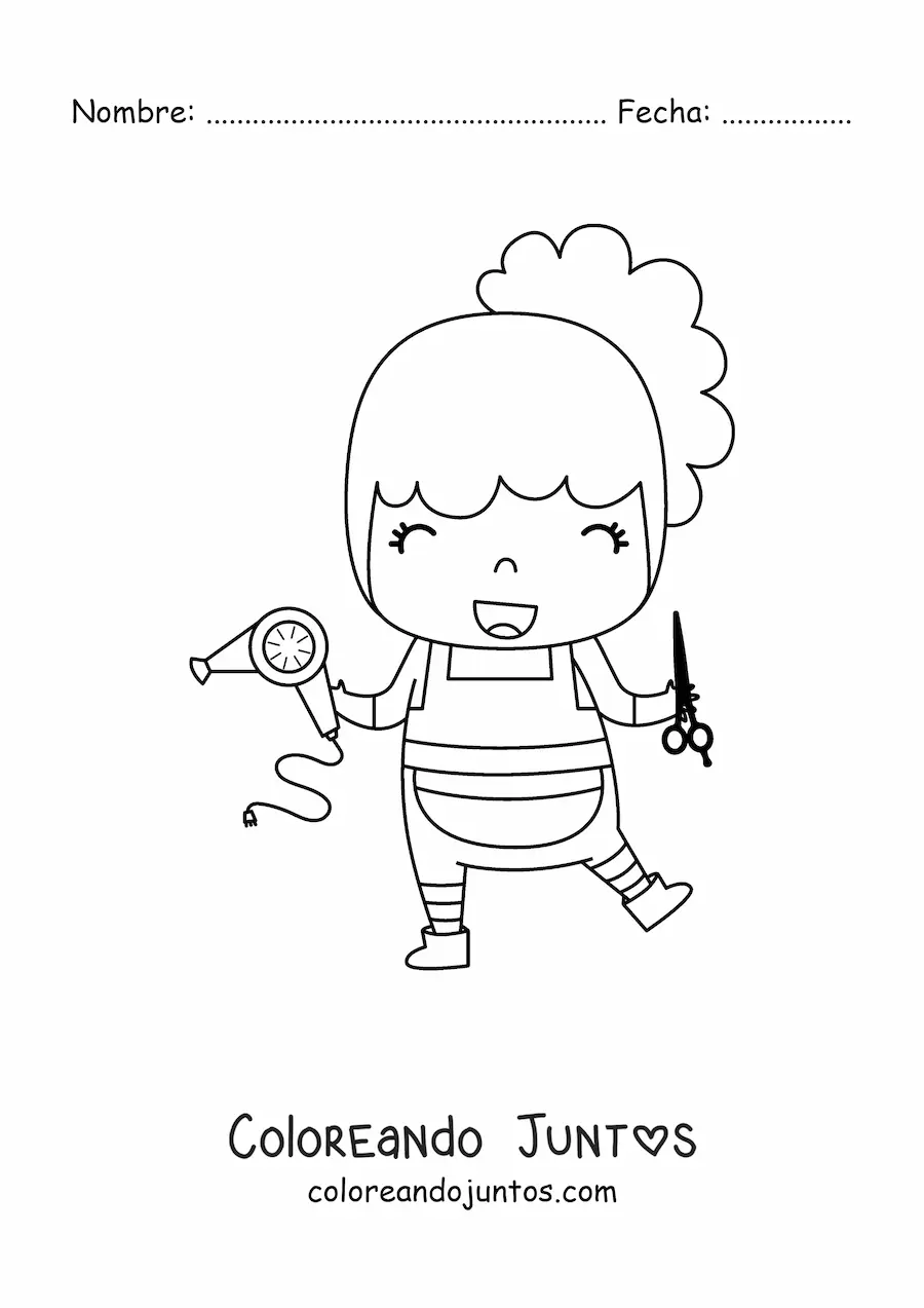 Imagen para colorear de peluquera estilista kawaii con un secador y unas tijeras