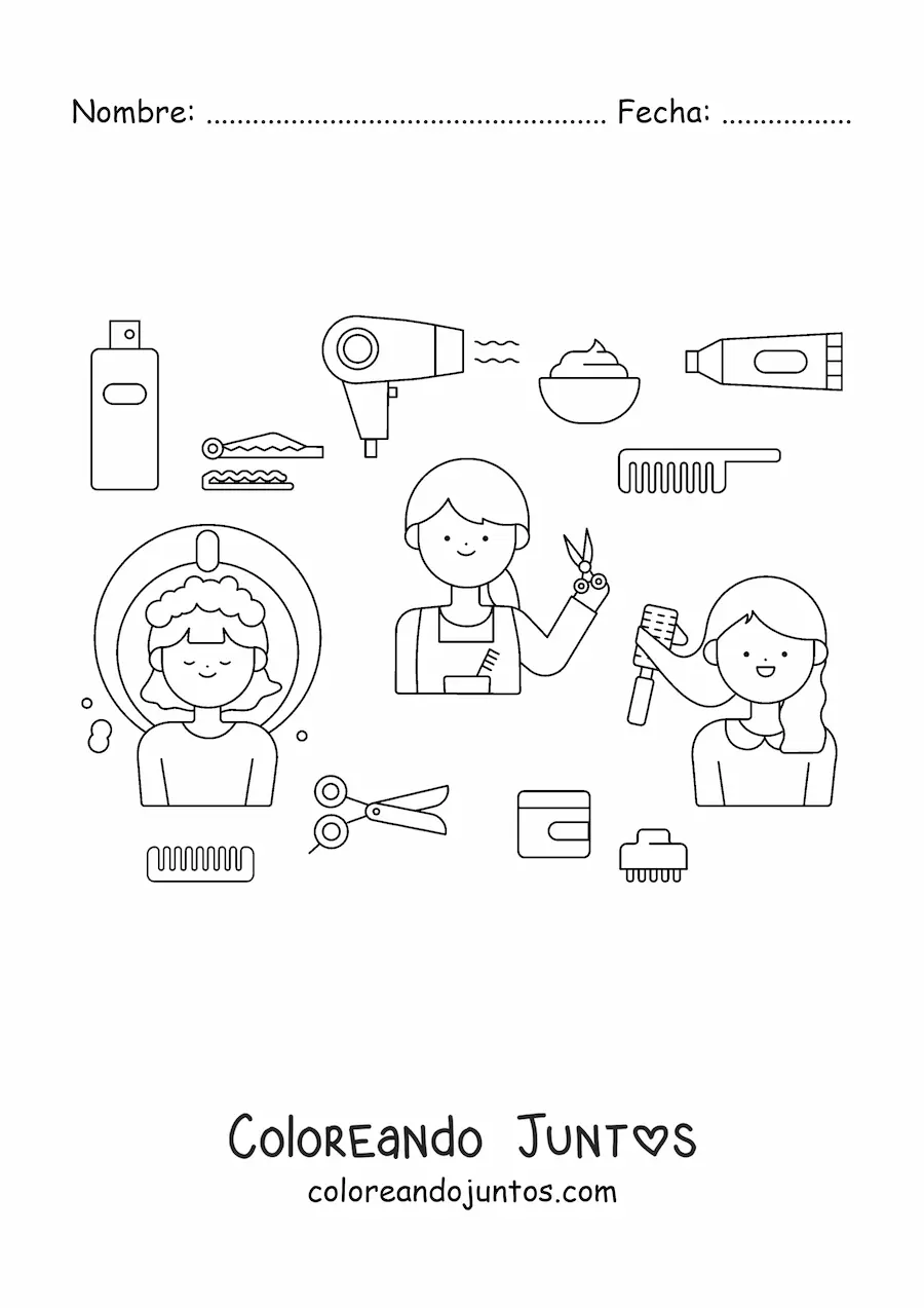 Imagen para colorear de oficio de la peluquera y sus herramientas