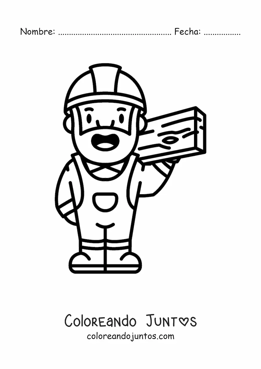 Imagen para colorear de carpintero kawaii con una tabla de madera