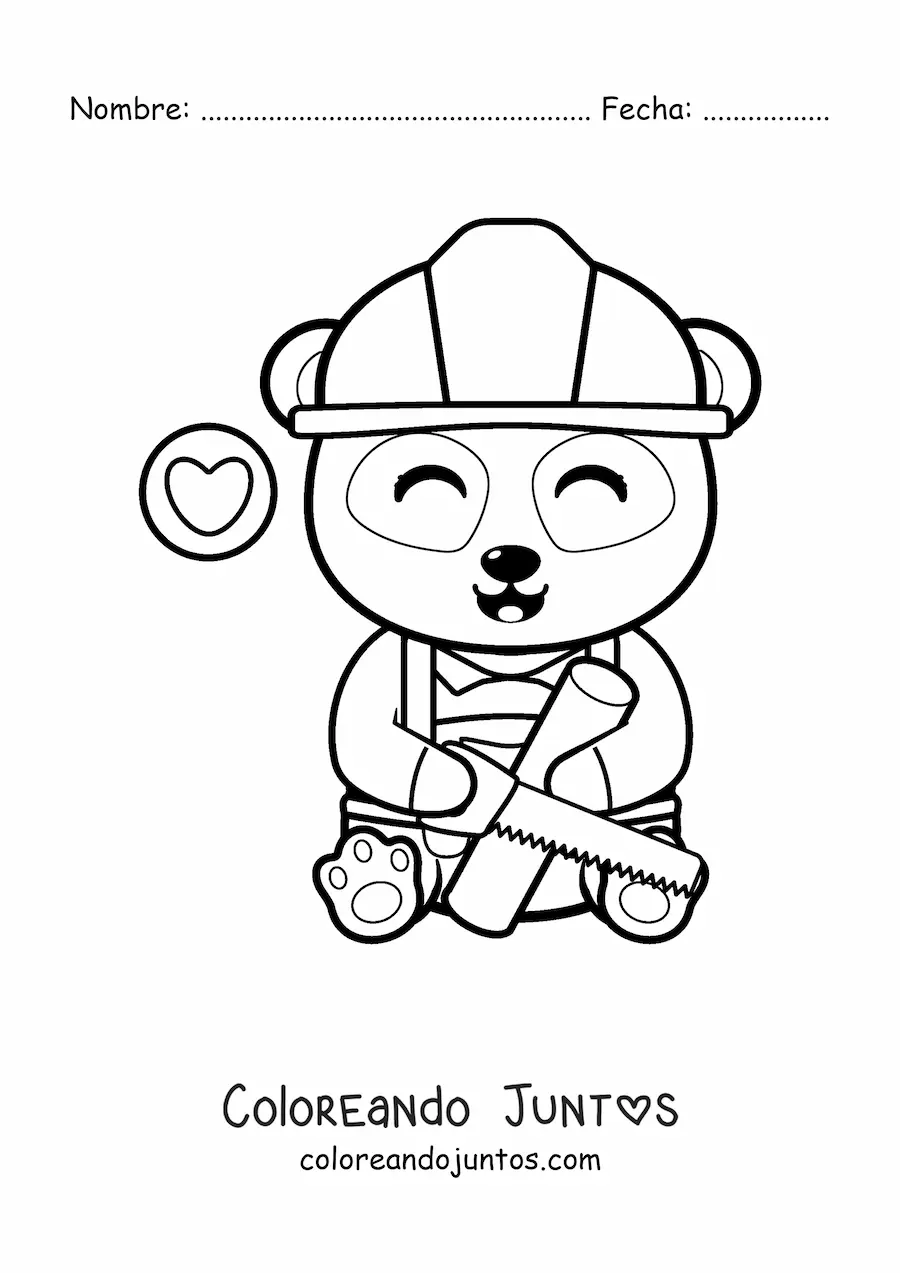 Imagen para colorear de panda carpintero kawaii cortando madera