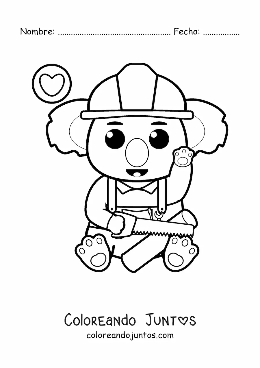 Imagen para colorear de koala carpintero kawaii cortando madera