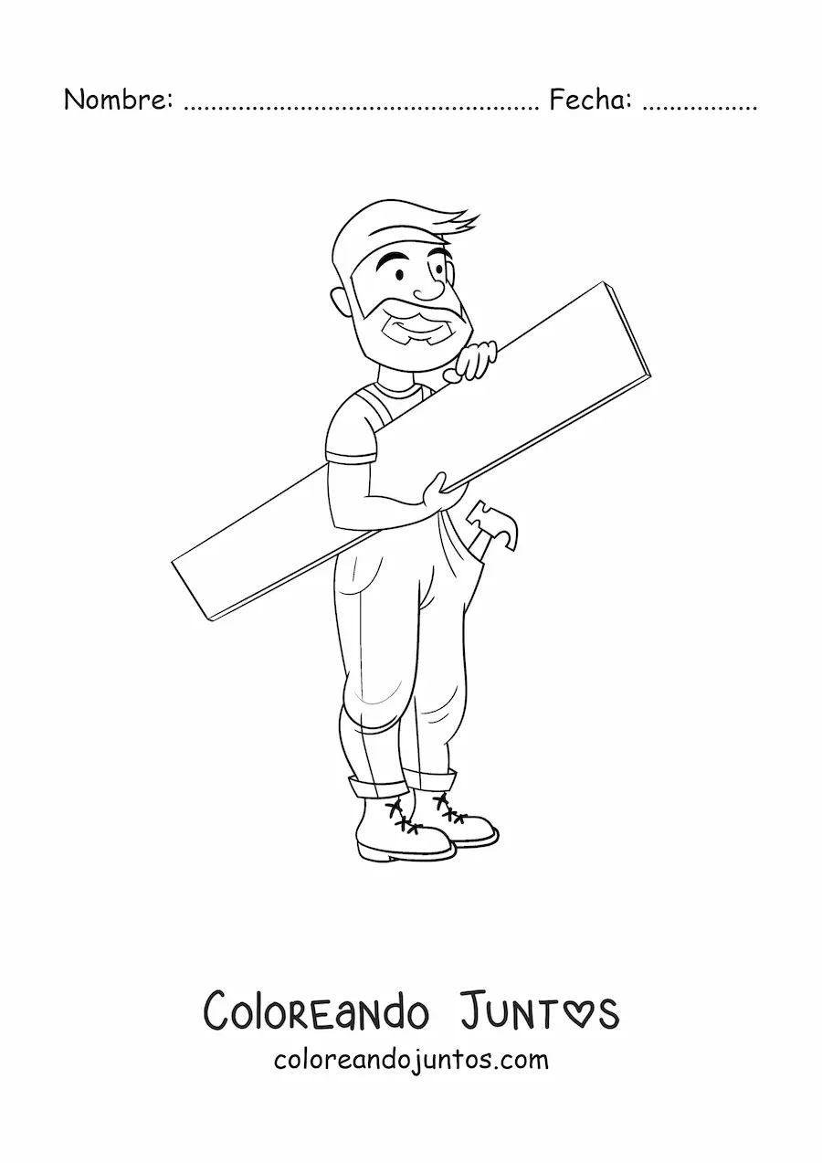Imagen para colorear de hombre con ocupación de carpintero con una tabla y un martillo