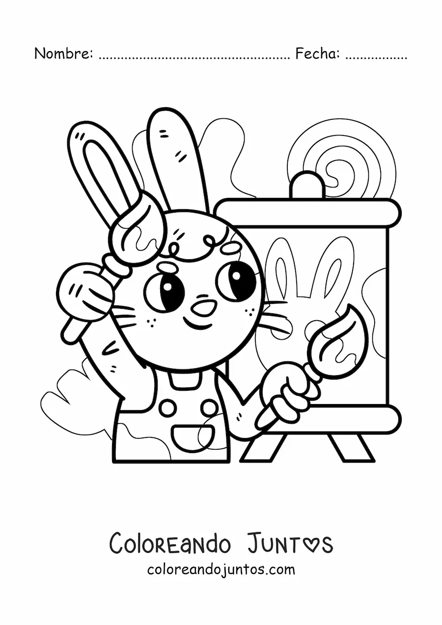 Imagen para colorear de conejo pintor kawaii animado pintando un cuadro
