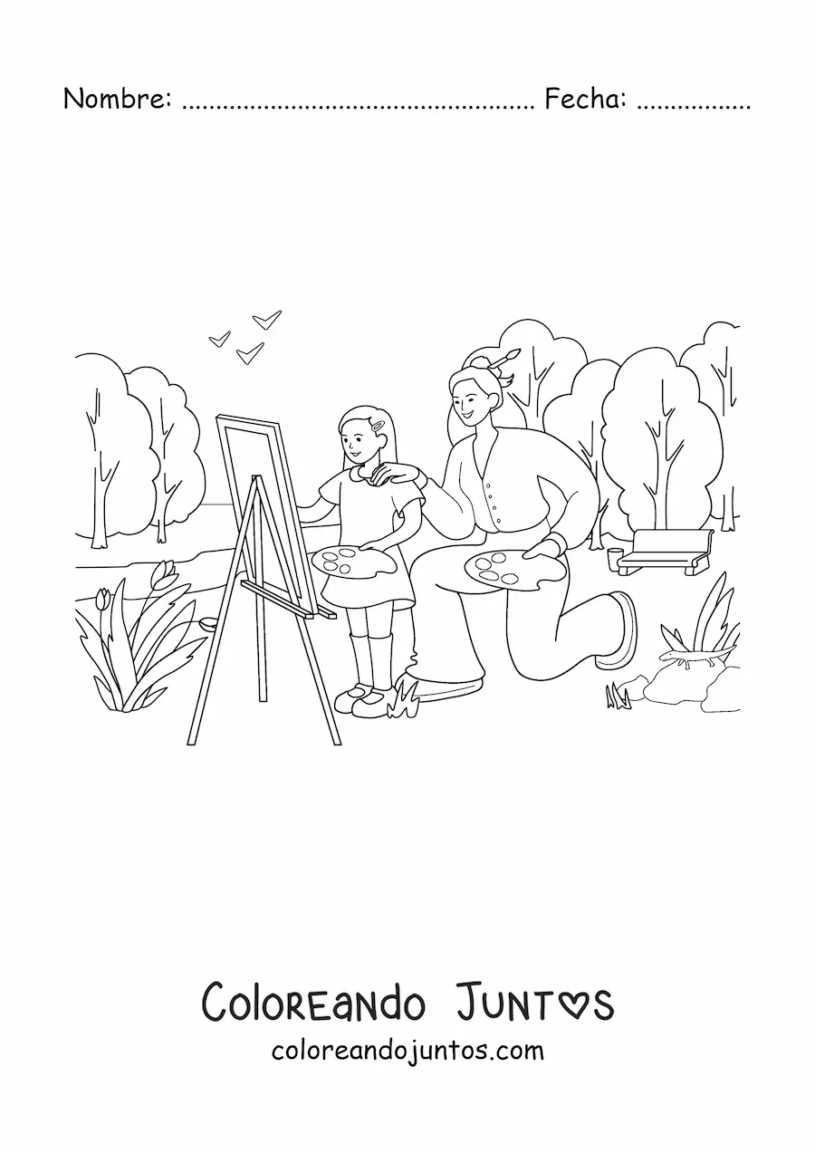 Imagen para colorear de niña y su madre pintando un cuadro en un parque