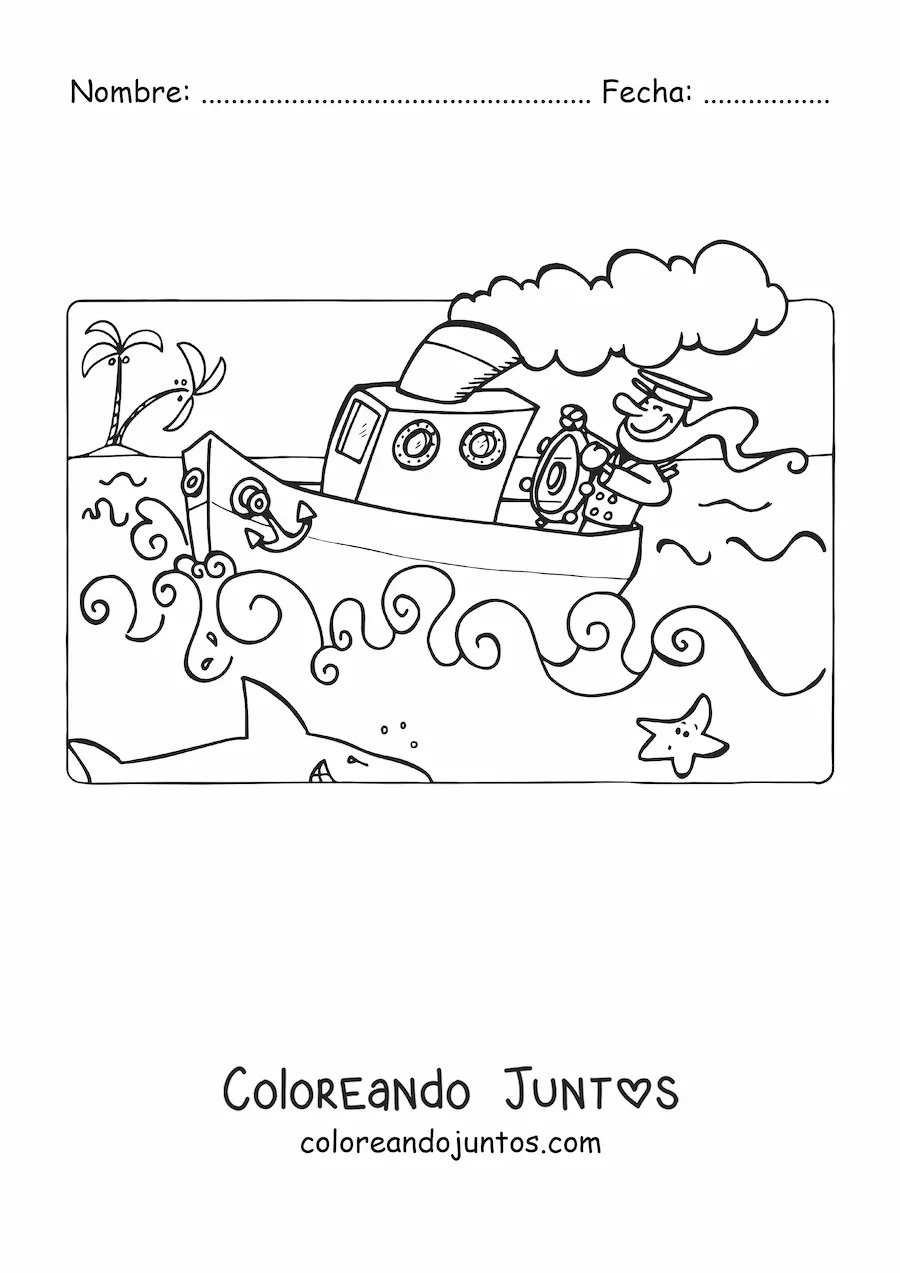Imagen para colorear de un marinero en un barco en el mar con un tiburón y una estrella de mar