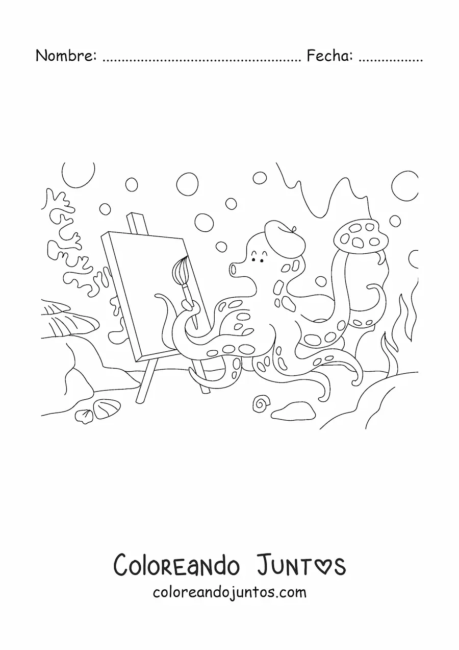 Imagen para colorear de pulpo pintor animado pintando un cuadro bajo el mar