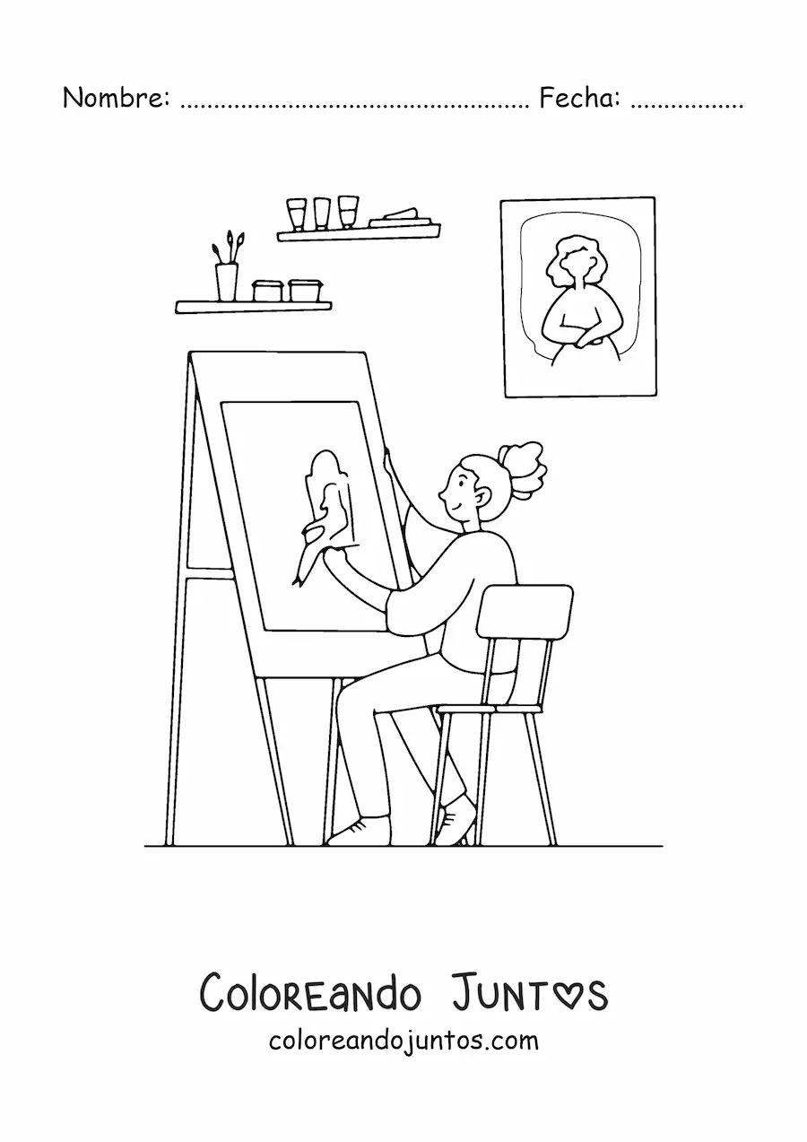 Imagen para colorear de chica artista pintando un cuadro en su casa