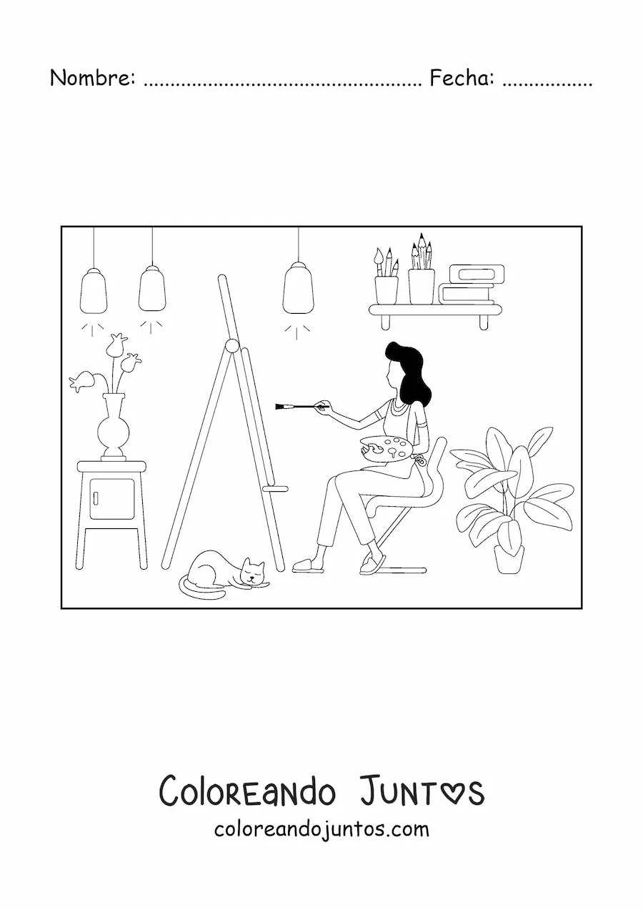 Imagen para colorear de chica artista pintando un cuadro en casa junto a su gato
