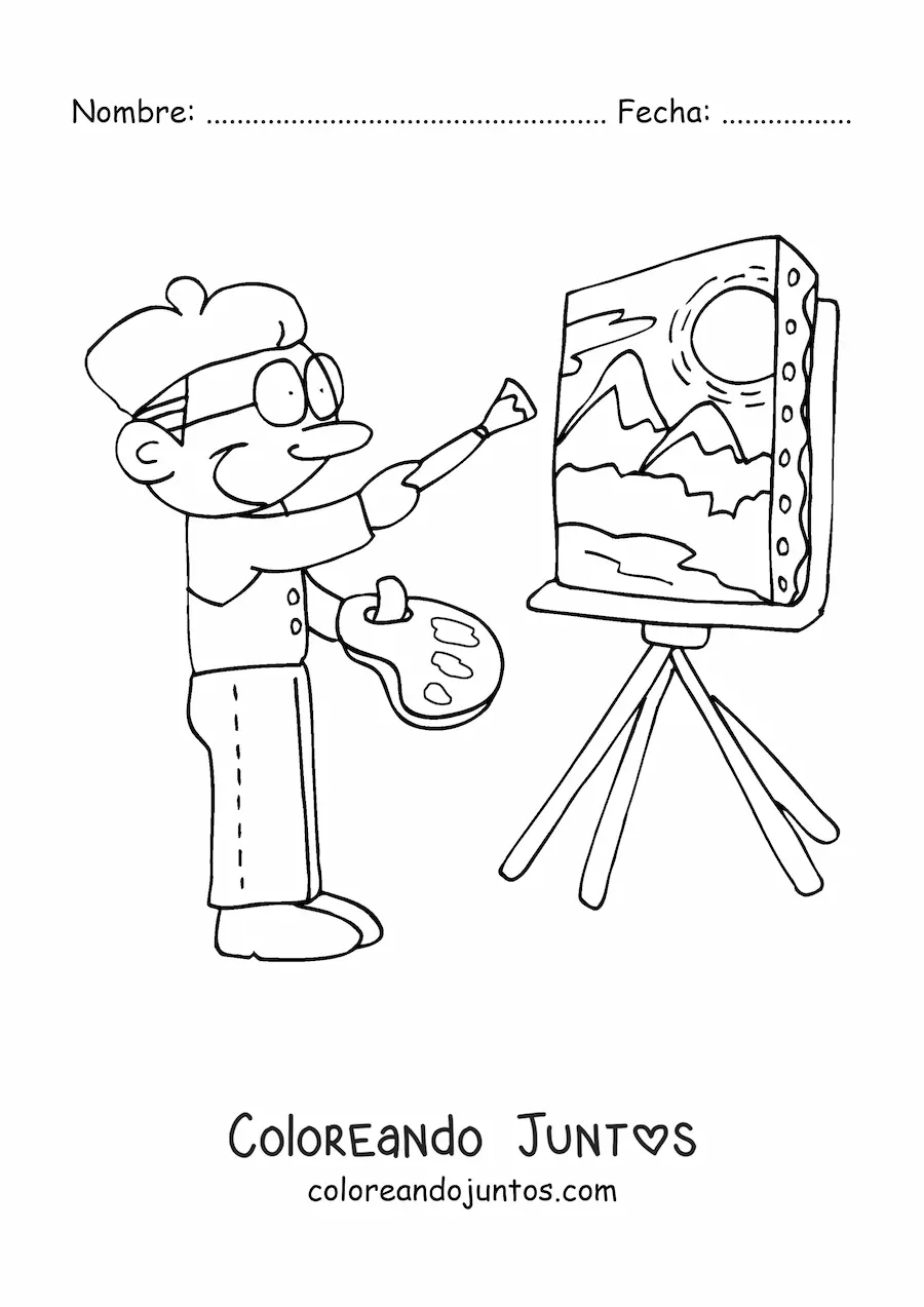 Imagen para colorear de pintor fácil animado pintando una obra de arte