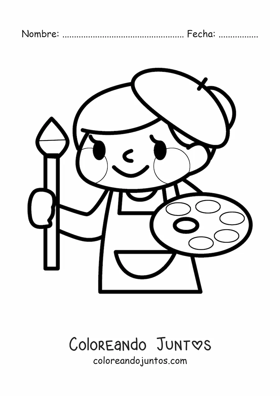 Imagen para colorear de pintora fácil kawaii