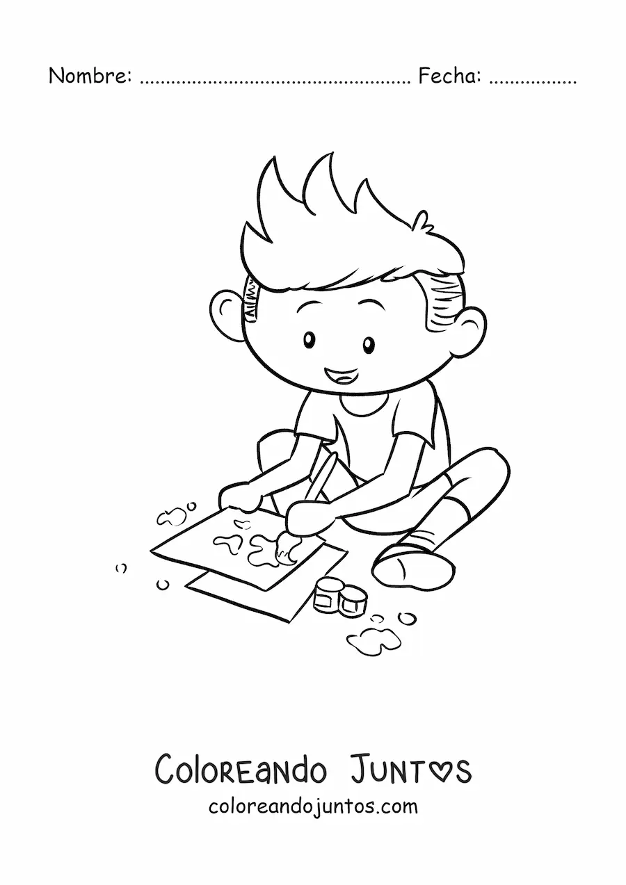 Imagen para colorear de niño pintando en hojas de papel