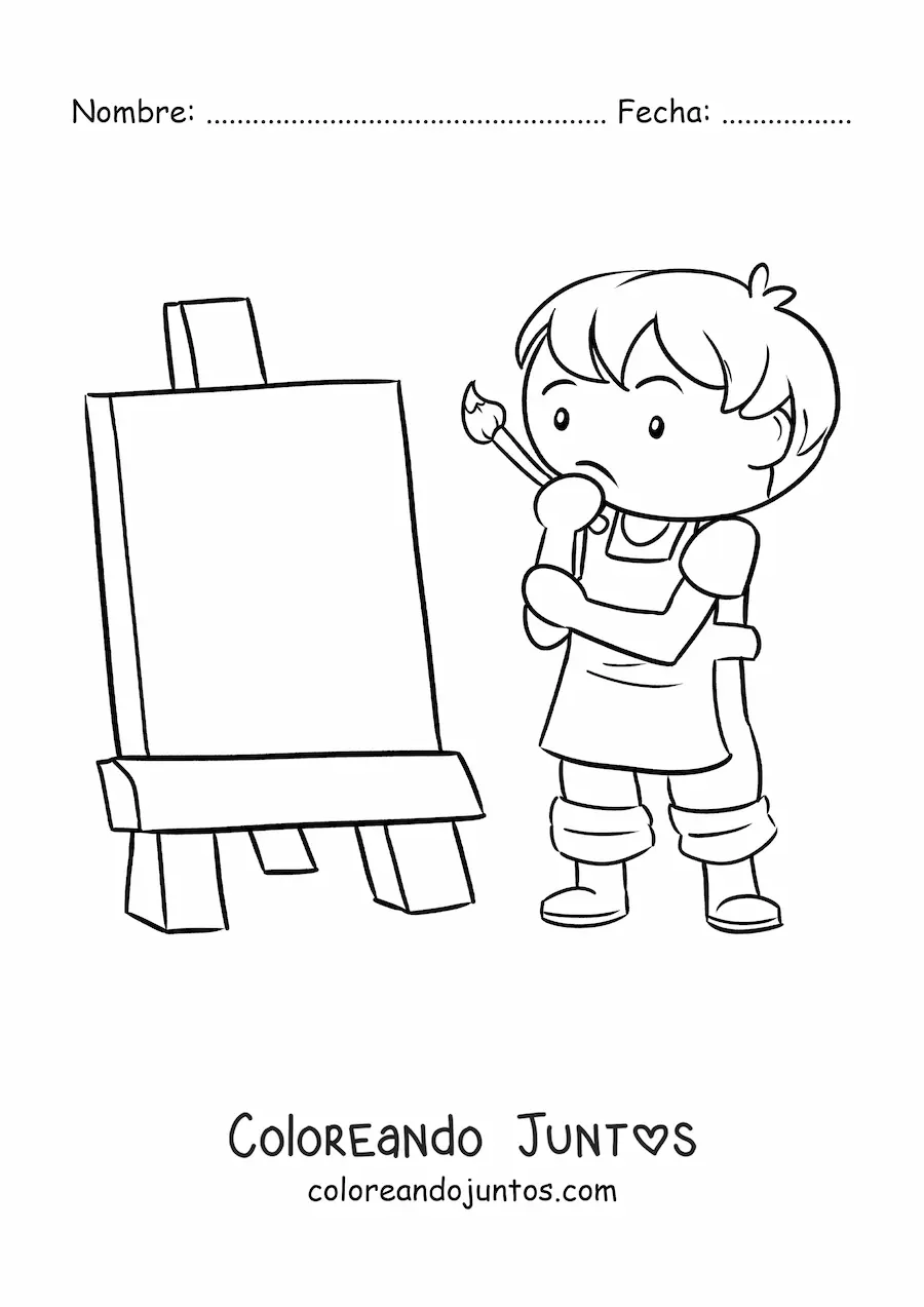 Imagen para colorear de niño pintor frente a un lienzo en blanco