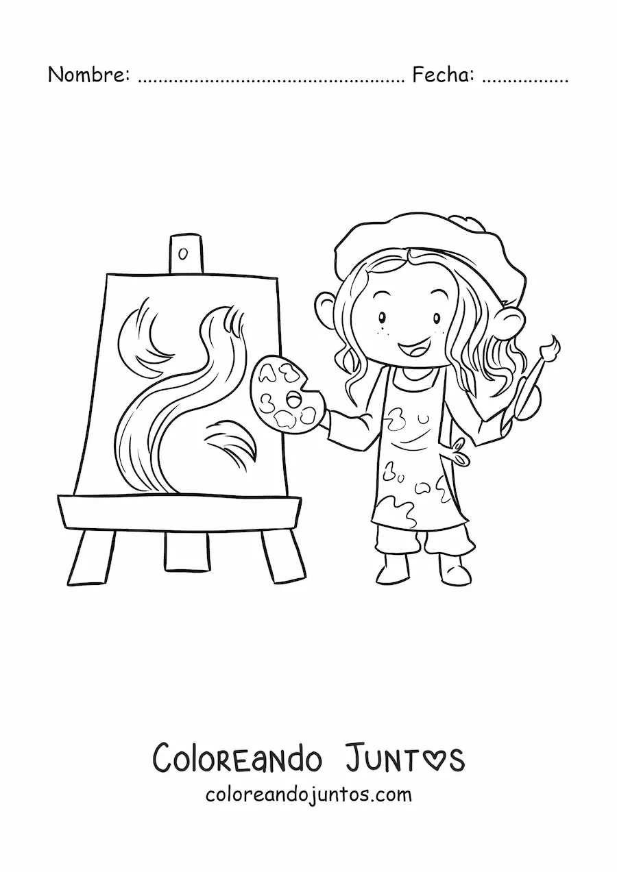 Imagen para colorear de niña pintora pintando un cuadro abstracto