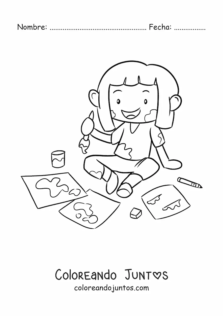 Imagen para colorear de niña pintando en hojas de papel