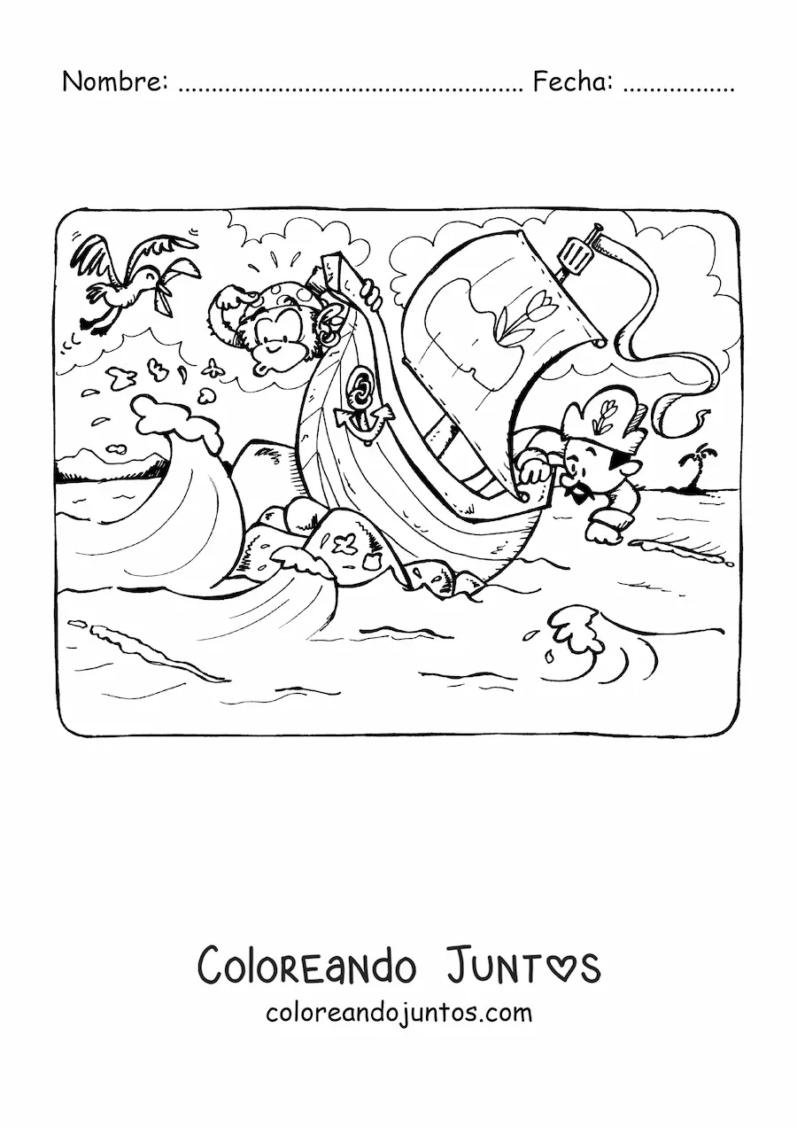 Imagen para colorear de un barco pirata en el mar chocando contra las olas