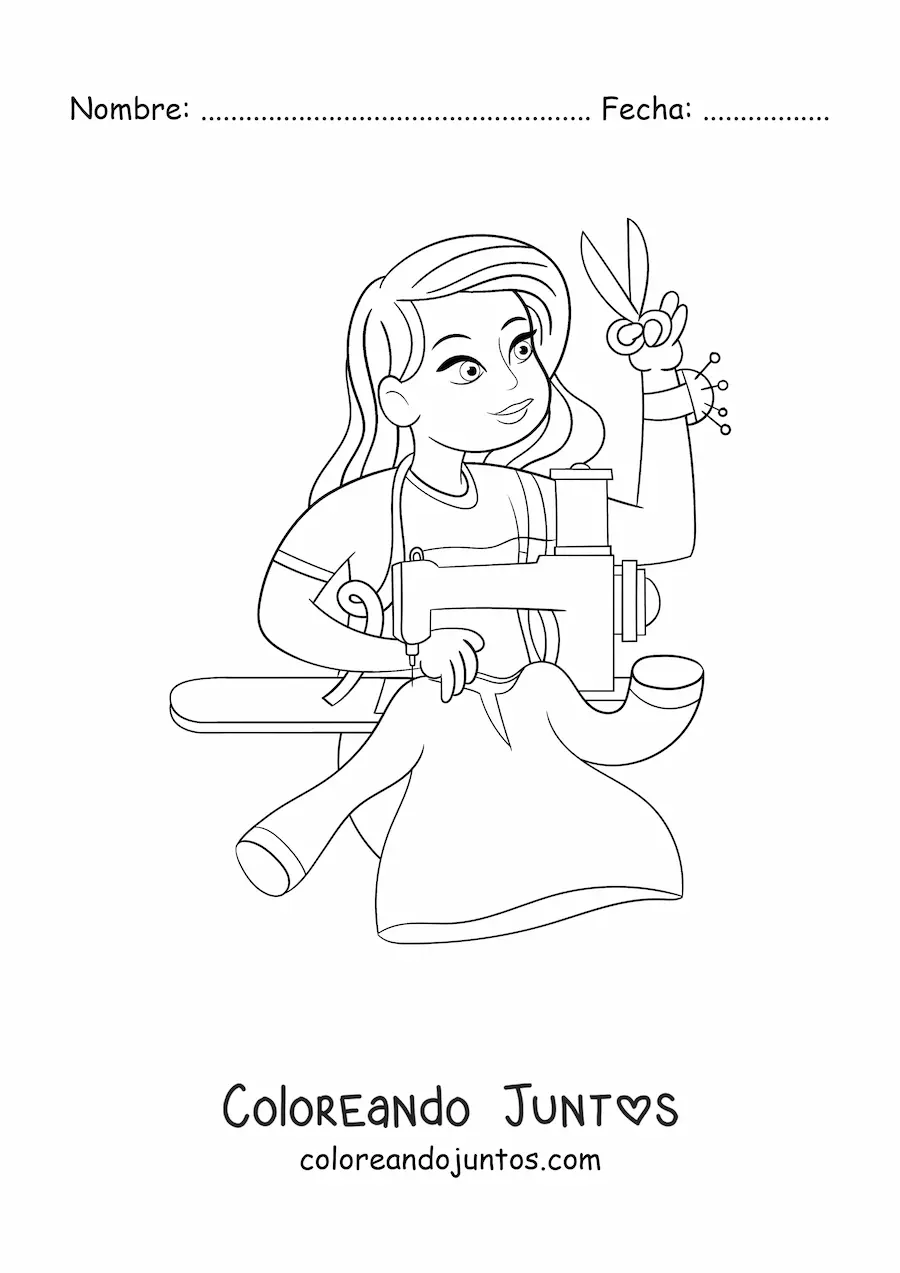 Imagen para colorear de modista y costurera con máquina de coser