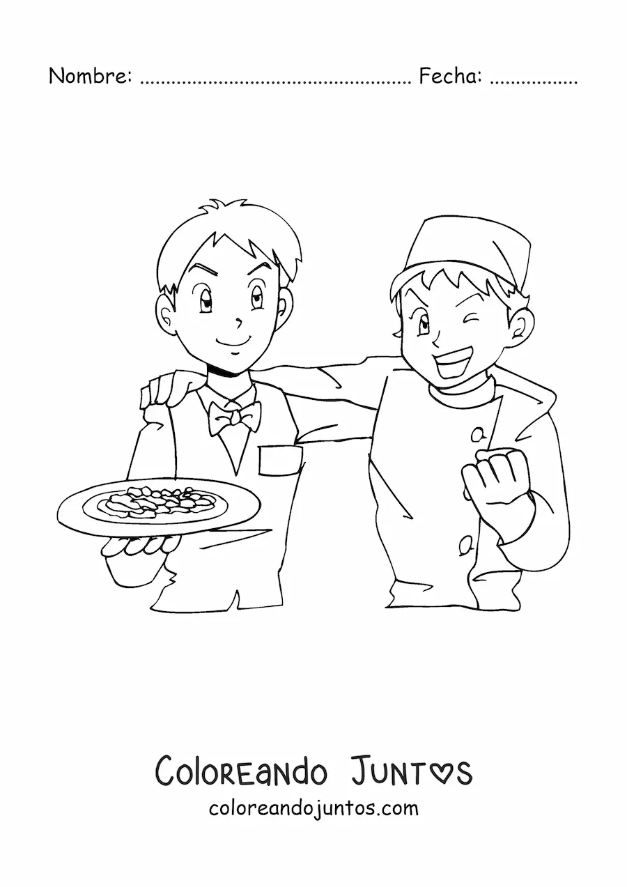 Imagen para colorear de mesero y chef de un restaurante estilo anime