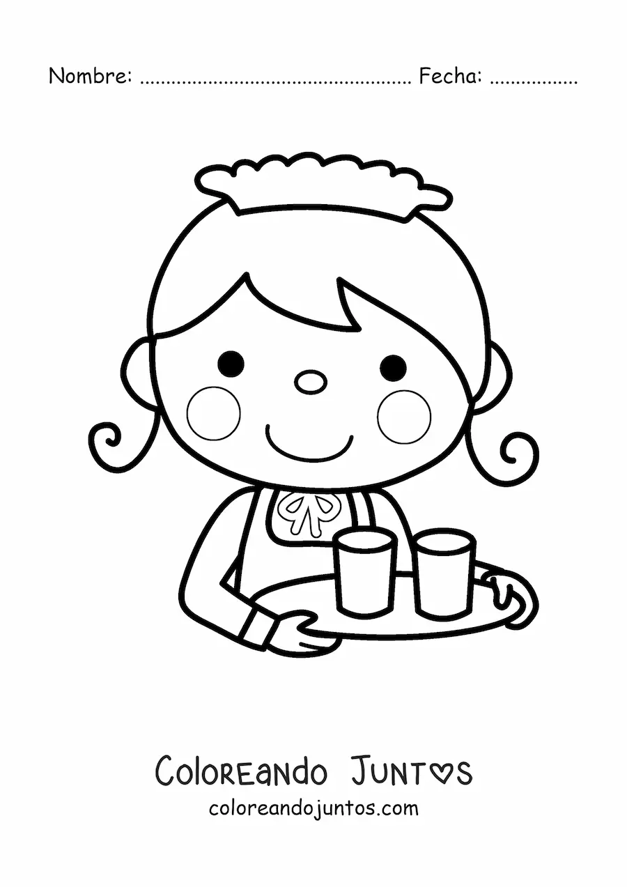 Imagen para colorear de mesera kawaii llevando una bandeja con vasos