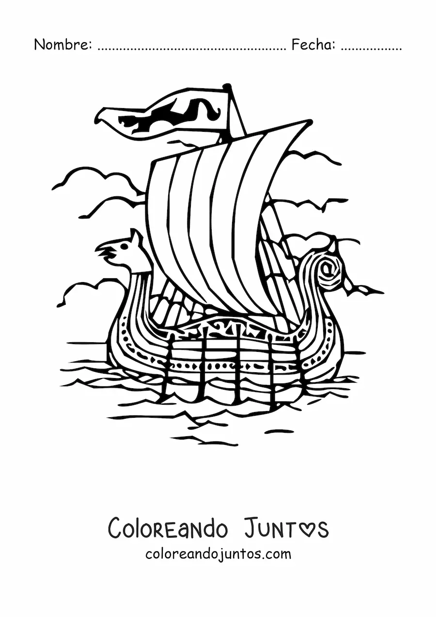 Imagen para colorear de un barco vikingo en el mar con remos y una proa con cabeza de animal