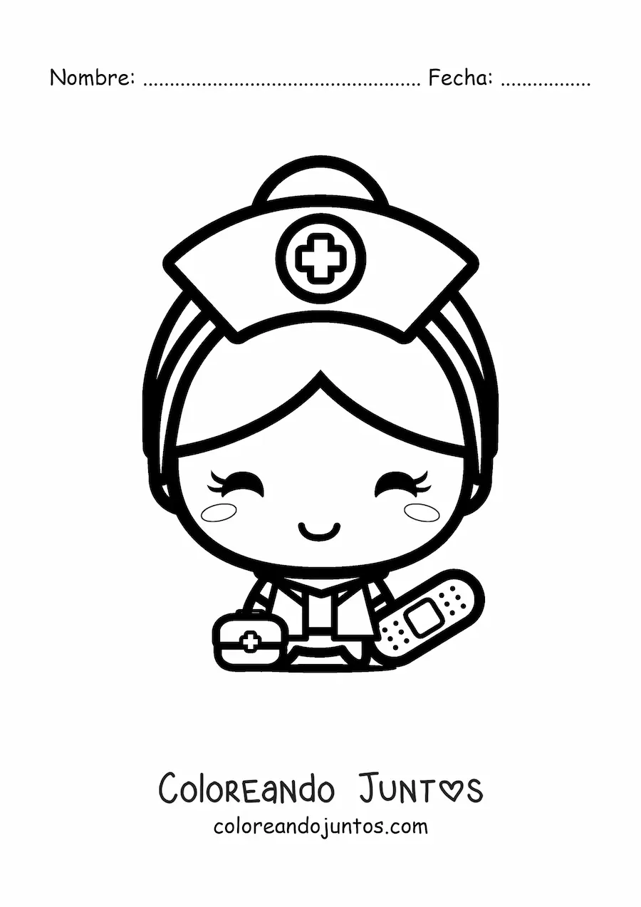 Imagen para colorear de enfermera kawaii con una bandita