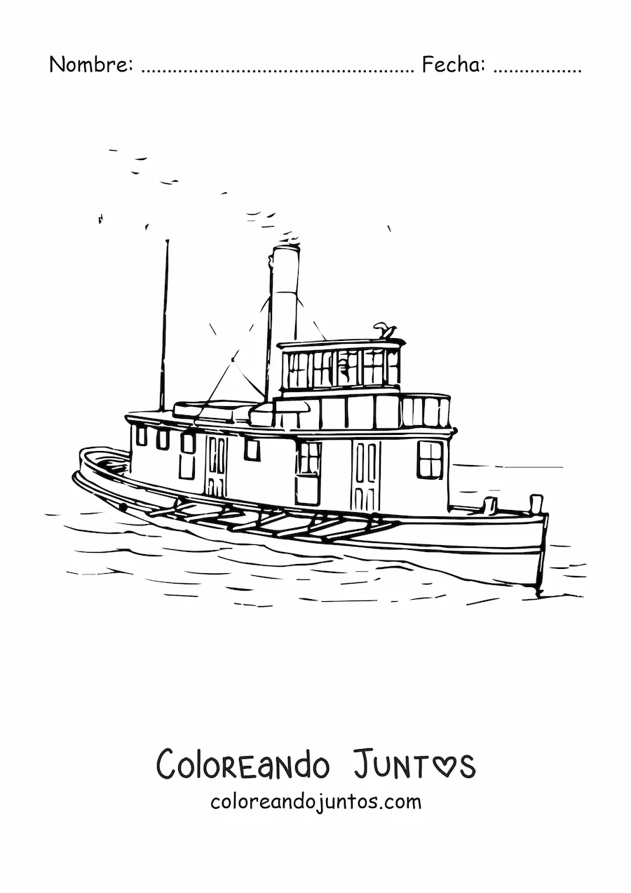 Imagen para colorear de un barco remolcador a vapor en el mar