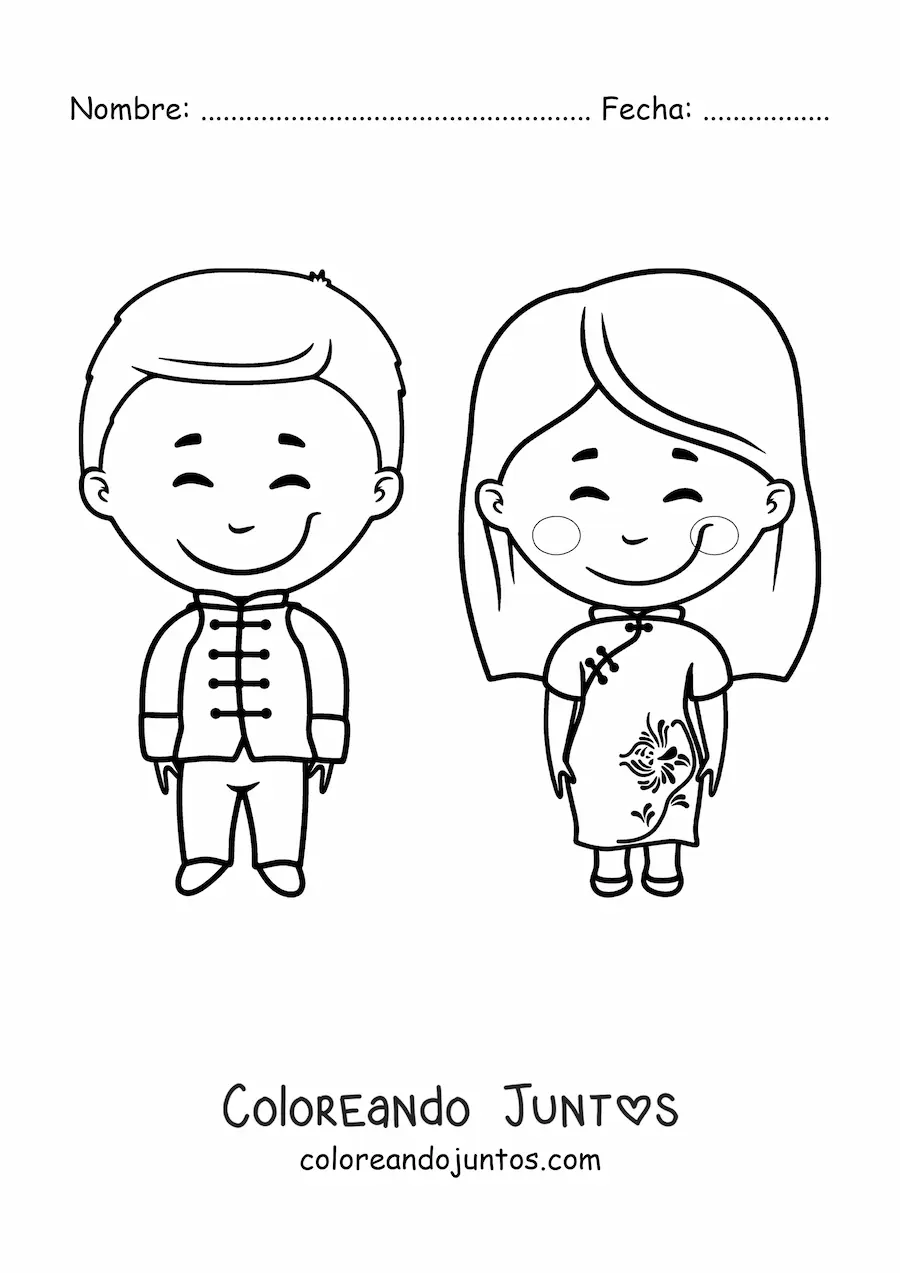 Imagen para colorear de pareja china animada